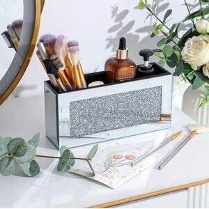 Mirrored Silver Metallic Sparkles!! Storage Bin Makeup Brushes Remote Wall Mount